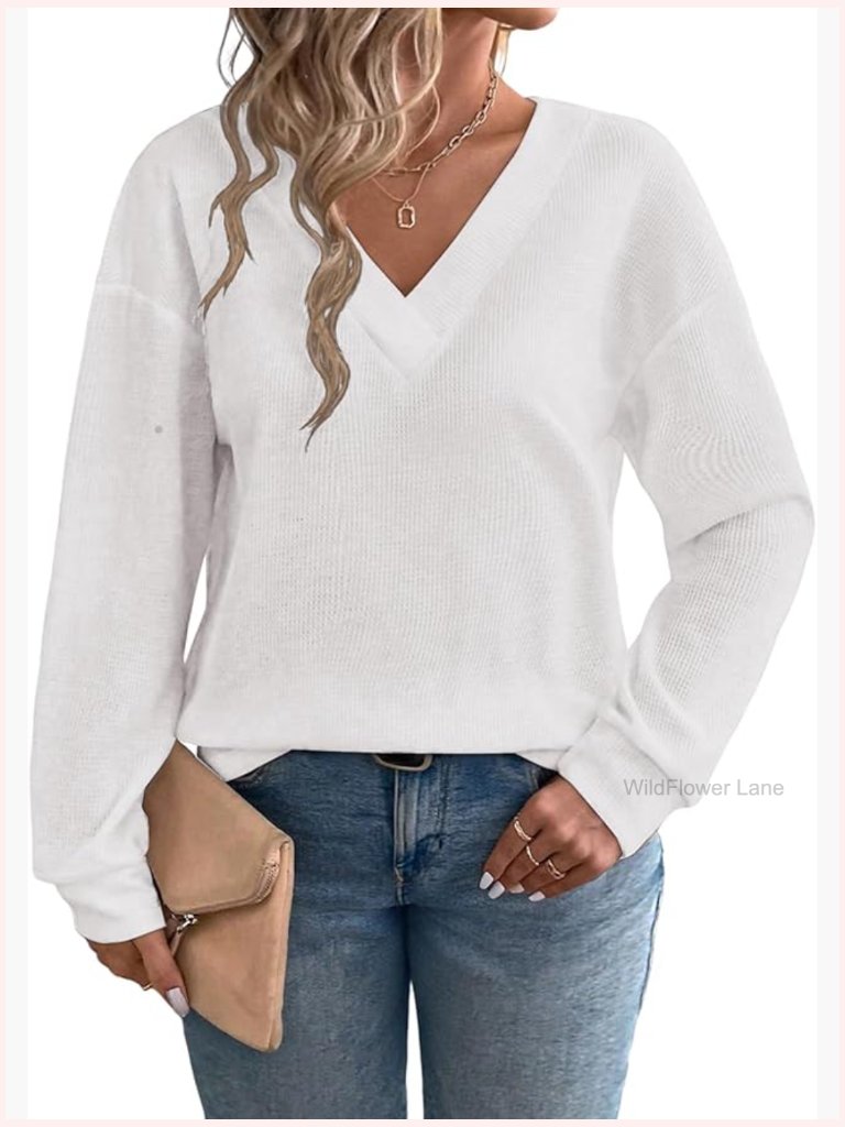 Plus Size V-Neck Long Sleeve Tee Waffle Knit Tunic Tops 1x-5x